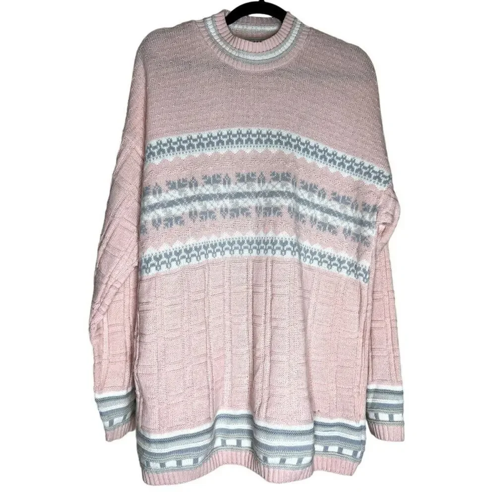VTG Basic Editions Knitted Sweater Pink Grey Woman's Size Large Pink Pullover Lo